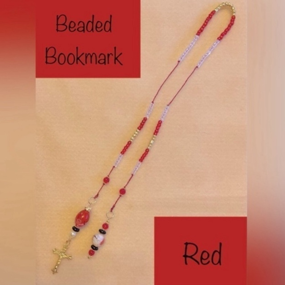 ECCENTRIC HANDCRAFTED Red/White/Black Beaded Bookmark w/Golden Cross